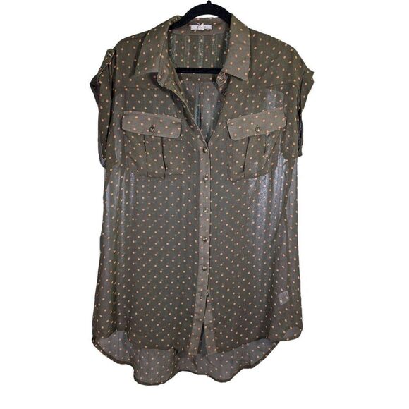 Pleione S (Nordstrom) Olive Green W/Tan  Polka Dot Pattern Buttom Up Blouse Wome - Picture 1 of 8